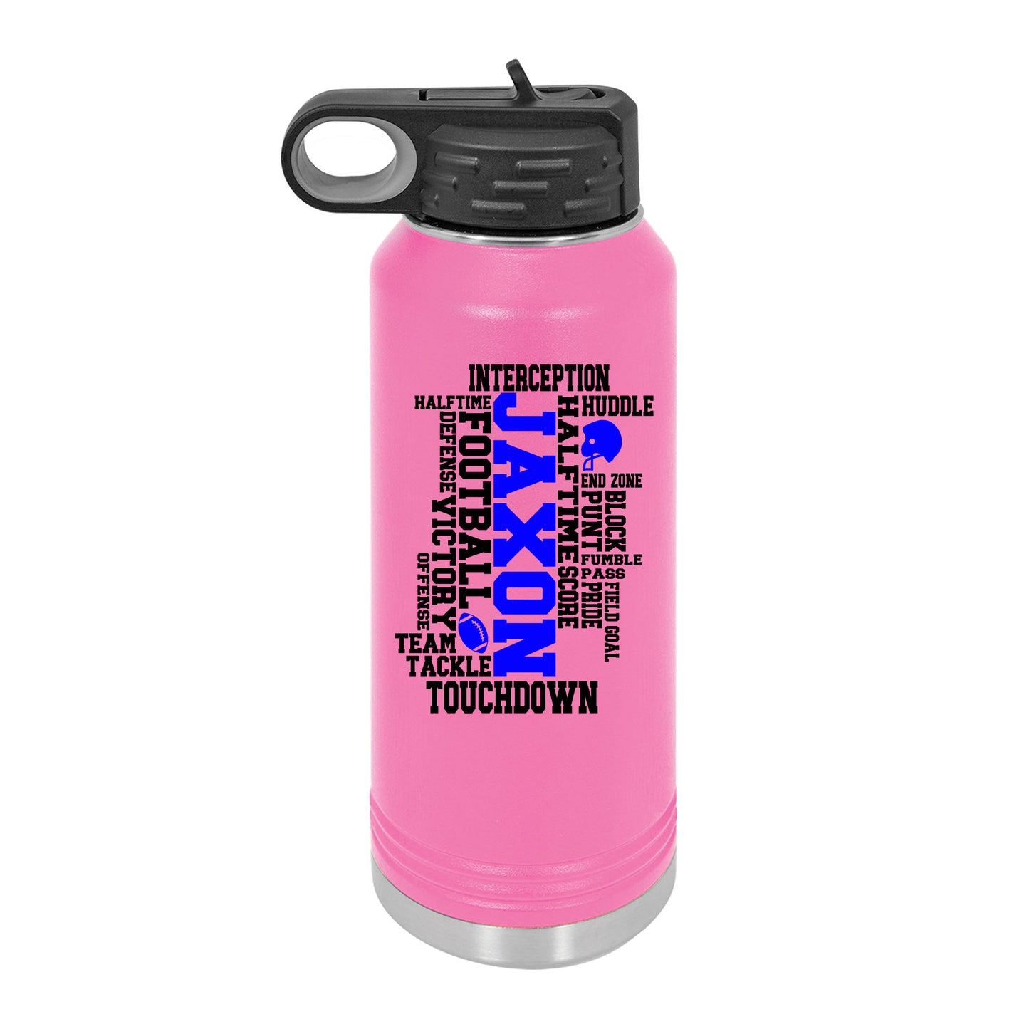 a pink water bottle with a black lid