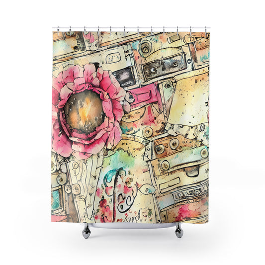 Retro 90's Pink Flower and Cassette Tapes Shower Curtain,  #5113 Vintage Bathroom, Nostalgic Decor, Playful Bath Decor, 90's Throwback