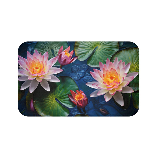 Lotus Flowers on an Emerald Blue Pond Bath Mat, Home Accent Rug, Non-Slip Bathroom Mat - Gift for Nature Lovers, Bathroom Decor, #5089