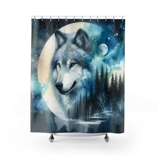 Shower Curtain - Watercolor Wolf in the Night Forest, Bathroom Makeover, Rustic Decor, Nature-Inspired, Mystical Decor 71 x 74 inches  #5156