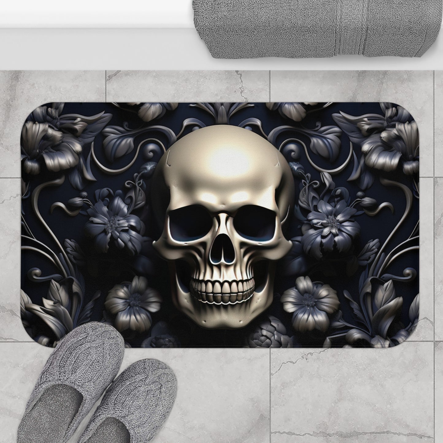 Bath Mat - Skull and Flowers Design, Bathroom Decor, Bathroom Art #5054