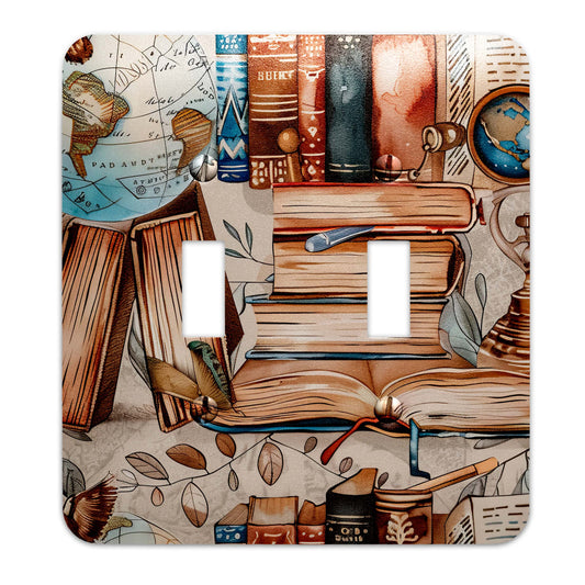 a light switch cover with a painting of books on it