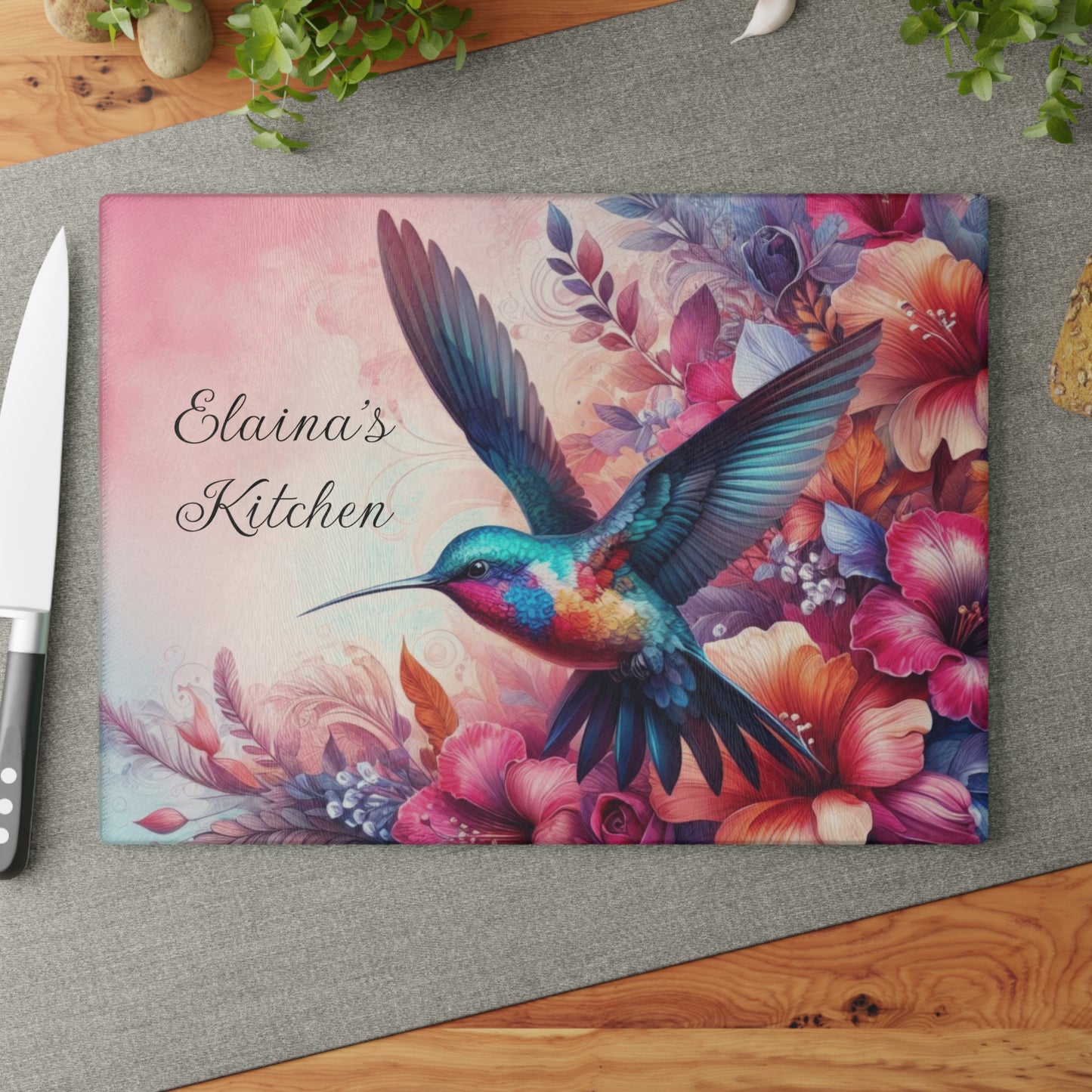 Delicate Hummingbird on Flowers Tempered Glass Cutting Board, Charcuterie Board, Trivet for Hot Dishes, Countertop Art, Kitchen Art #5127