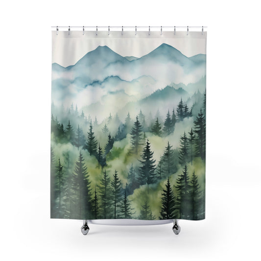 Misty Forest Shower Curtains, Rustic Bathroom Decor, Nature Inspired Bath Curtain, Peaceful Home Decor, Watercolor Mountains #5087