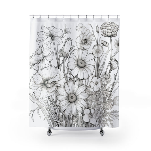 Shower Curtain - Minimalist Wildflowers in Black and White, Bath Décor, Unique Housewarming Gift  #5093