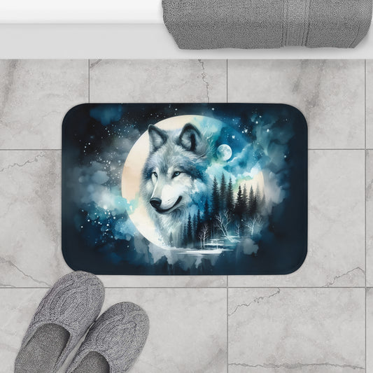 Watercolor Wolf in the Night Forest Bath Accent Rug -  Bath Mat, Non-Slip, Mystical Decor, Wildlife #5156