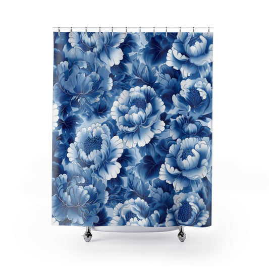 Shower Curtain - Asian Inspired Toile Blue & White Flowers, Bath Décor, Unique Housewarming Gift  #5021