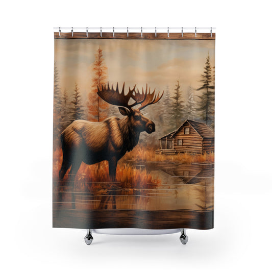 Rustic Cabin Moose Shower Curtains, Woodland Lodge Bathroom Decor, Wildlife Nature Home Accessory, Animal Country Bath Curtain, Rustic 4746