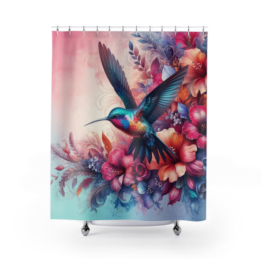 Shower Curtain - Delicate Hummingbird on Flowers,  Elegant Bathroom Decor, Nature-Inspired Bath, Bathroom Makeover,  #5127