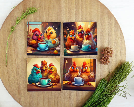 a wooden table topped with four pictures of birds