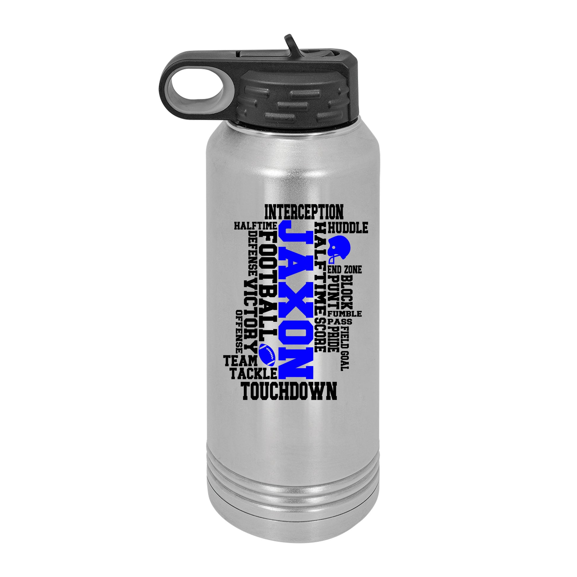 a stainless steel water bottle with a black lid