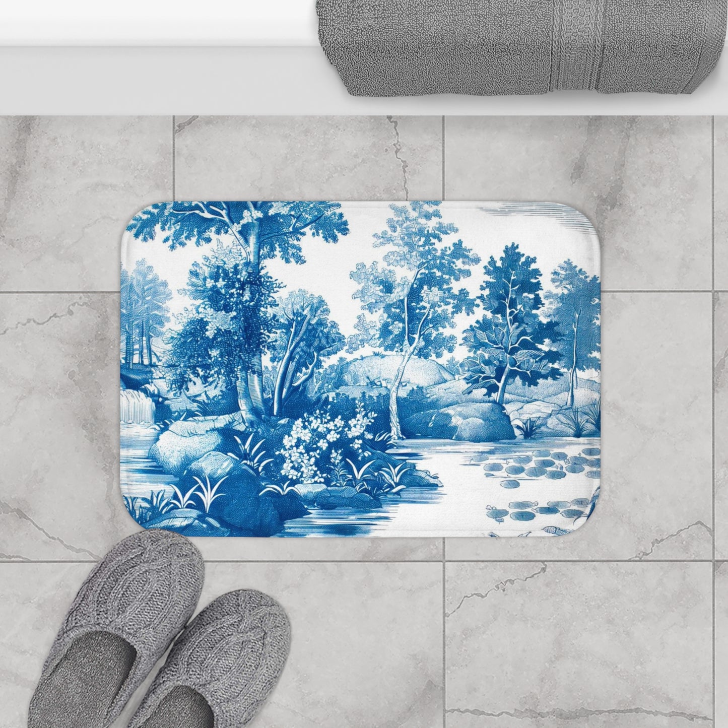 Bath Mat - Blue Toile, Bathroom Decor, Bathroom Art #4796