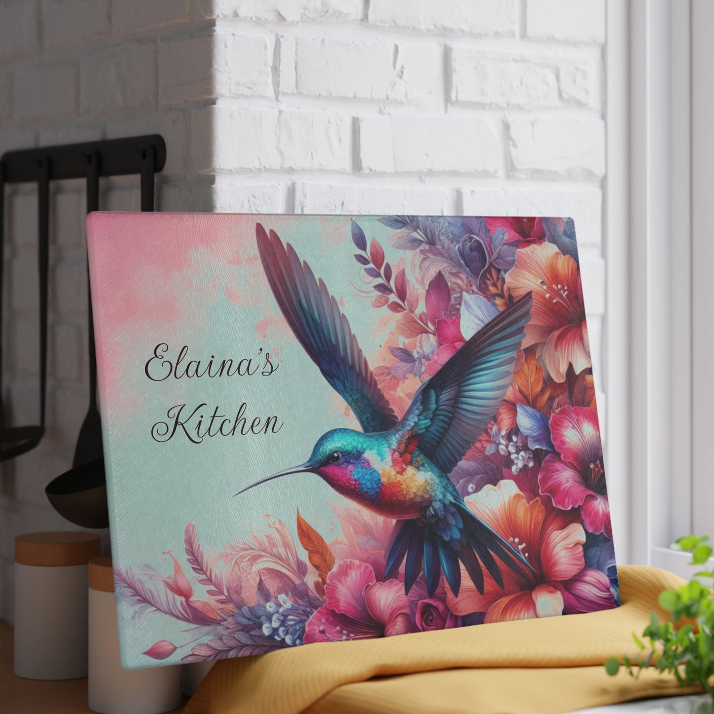 Delicate Hummingbird on Flowers Tempered Glass Cutting Board, Charcuterie Board, Trivet for Hot Dishes, Countertop Art, Kitchen Art #5127