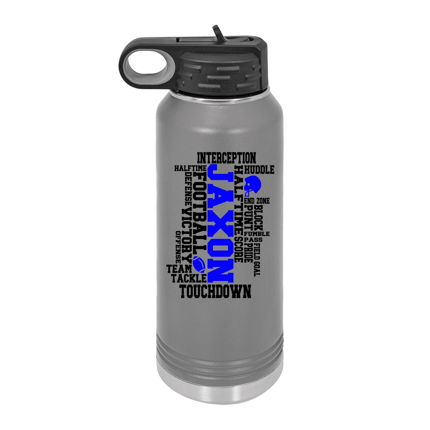 a stainless steel water bottle with a black lid