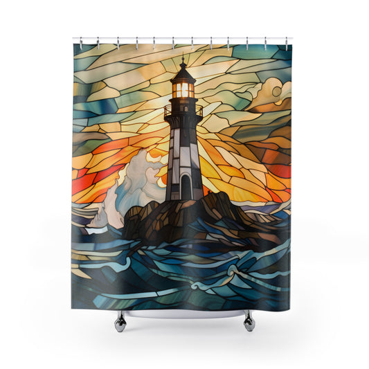 Shower Curtain - Lighthouse on Stained Glass Design , Bath Decor,  Coastal Themed Decor #5003