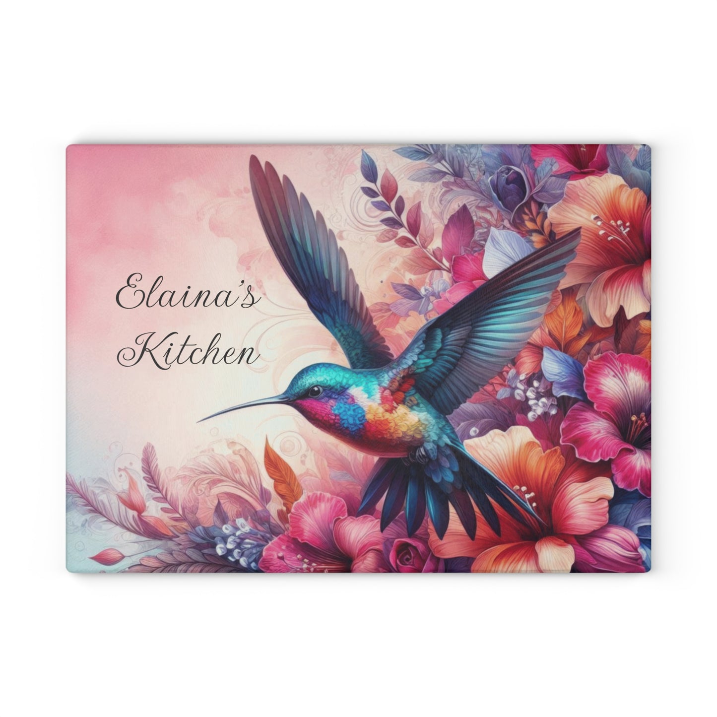 Delicate Hummingbird on Flowers Tempered Glass Cutting Board, Charcuterie Board, Trivet for Hot Dishes, Countertop Art, Kitchen Art #5127