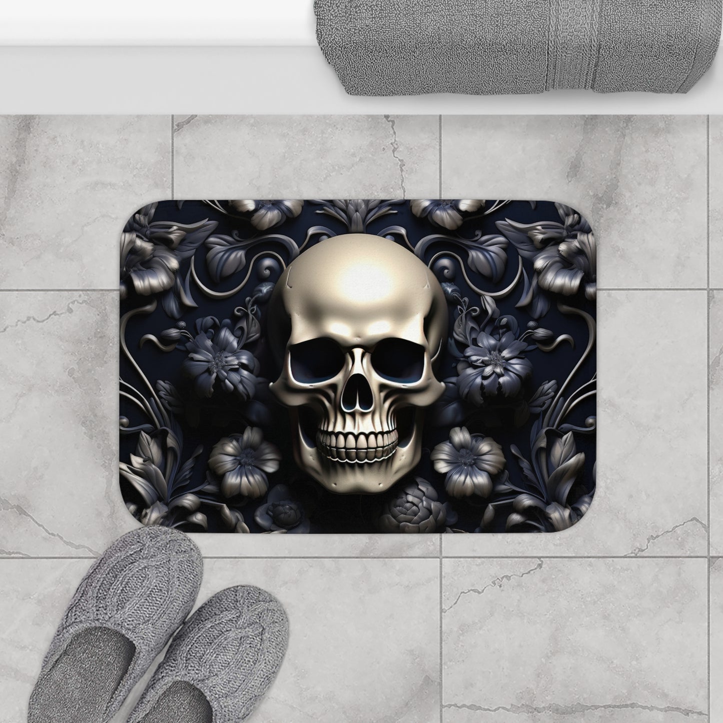 Bath Mat - Skull and Flowers Design, Bathroom Decor, Bathroom Art #5054