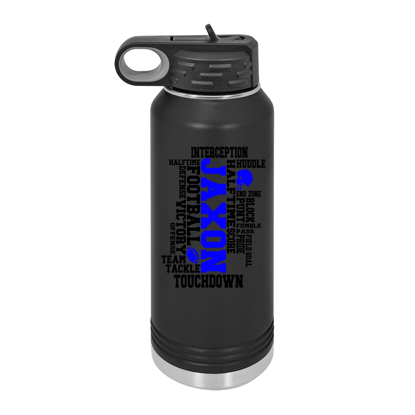 a black and blue water bottle with a black lid