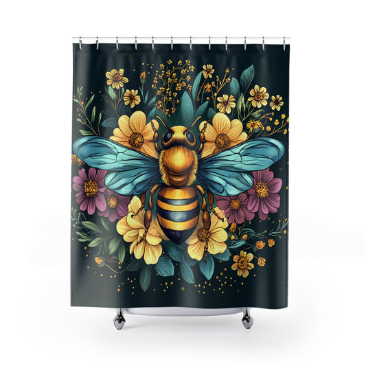 Shower Curtain - Floral Bumble Bee Design , Bath Decor, Unique Housewarming Gift  #5050