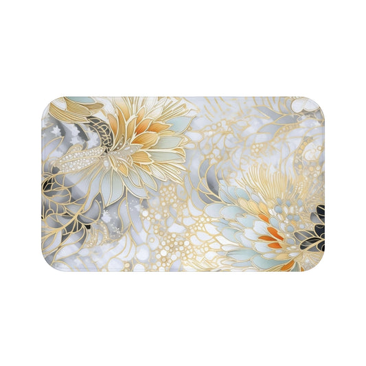 Japanese Style Gold and Silver Floral  Bath Accent Rug -  Non-Slip Bath Mat, Tranquil Bathroom, Bathroom Makeover, #5120