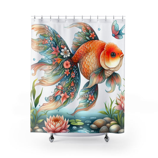 Shower Curtain - Playful Goldfish in a Pond, Bathroom Makeover, Goldfish Pond Decor 71 x 74 inches  #5154