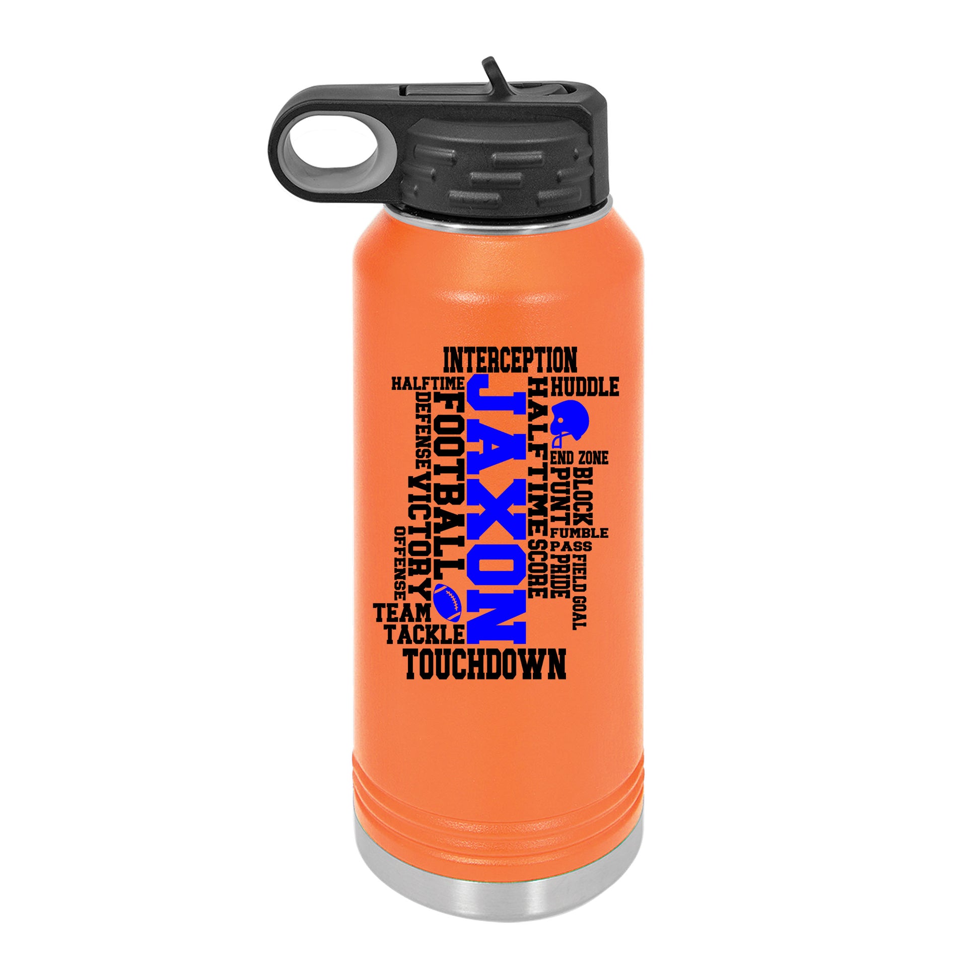 an orange water bottle with a black lid