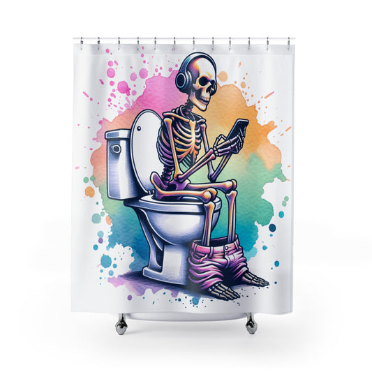 Shower Curtain - Skeleton on Toilet with Cellphone - I'll Be Just a Minute,  Fun Bathroom Decor, Bathroom Makeover,   #5146