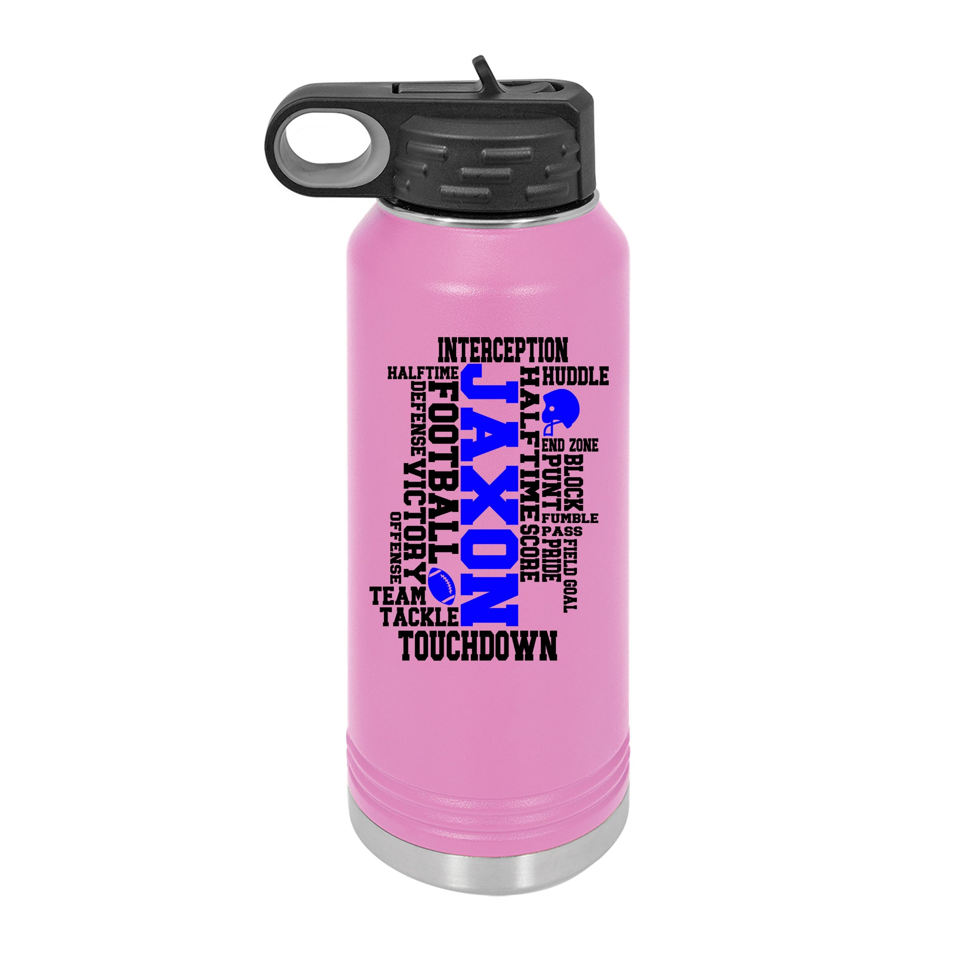 a pink water bottle with a black lid