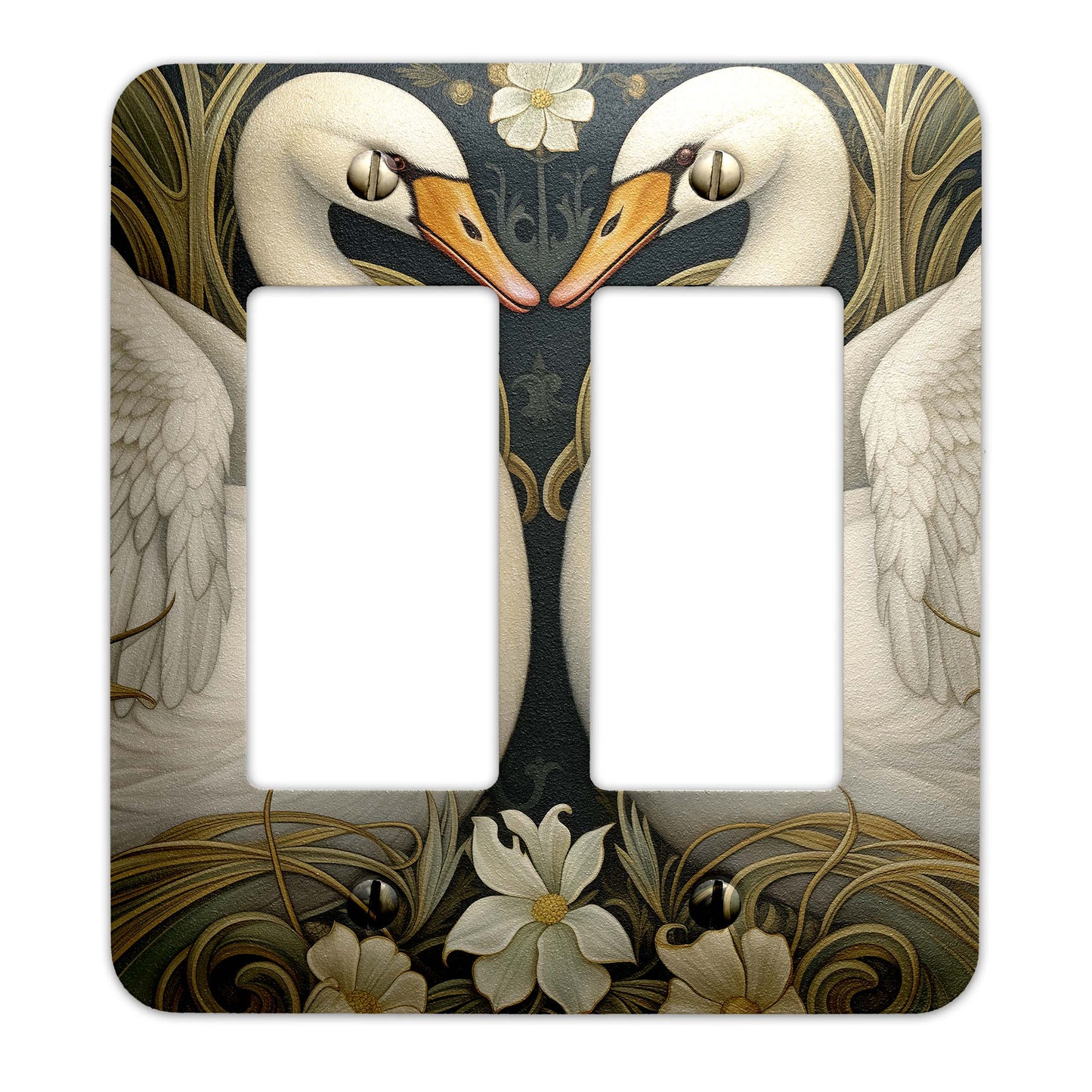 Art Nouveau Swans Light Switch Cover – Elegant metal switch plate with vintage-inspired design, available in multiple sizes