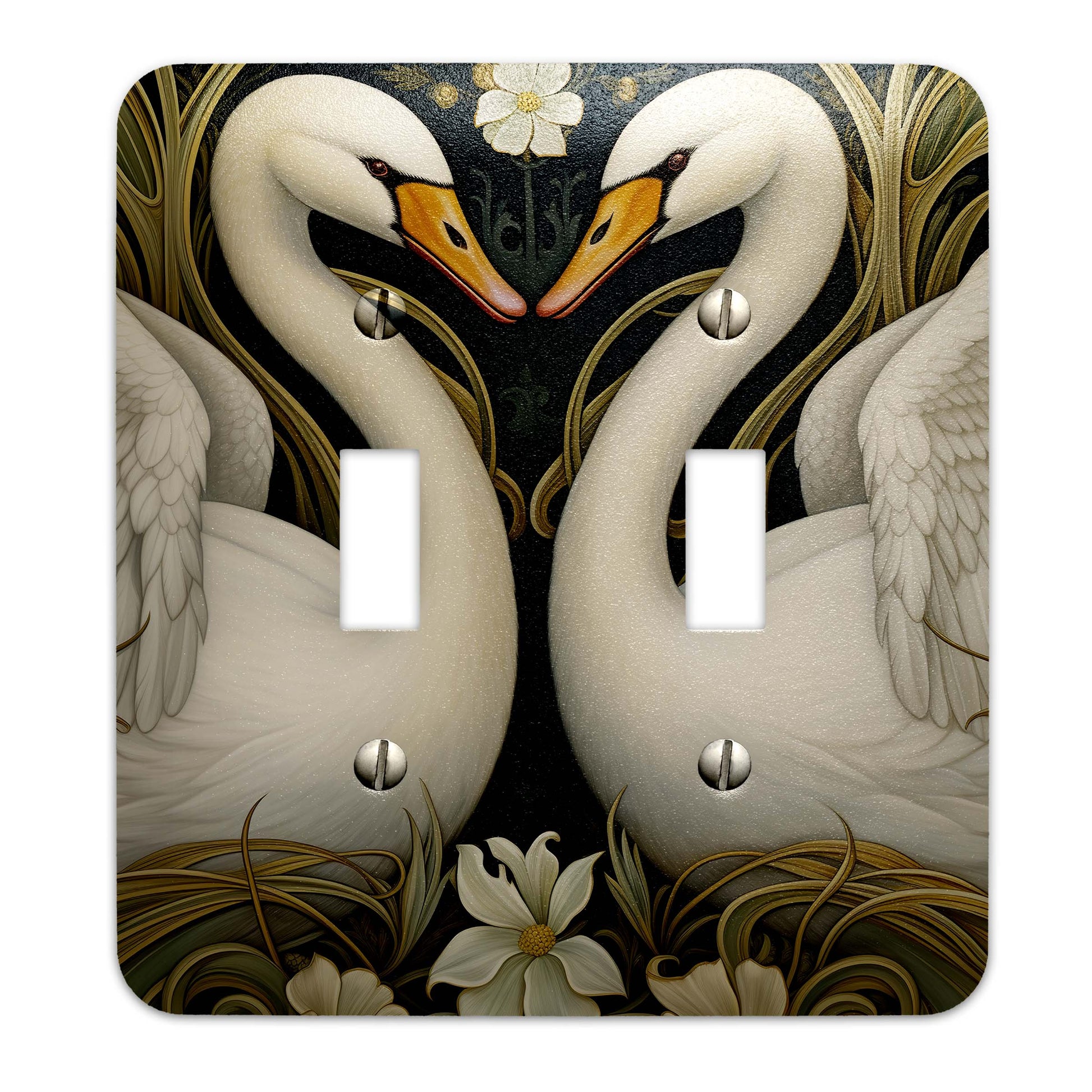 Art Nouveau Swans Light Switch Cover – Elegant metal switch plate with vintage-inspired design, available in multiple sizes