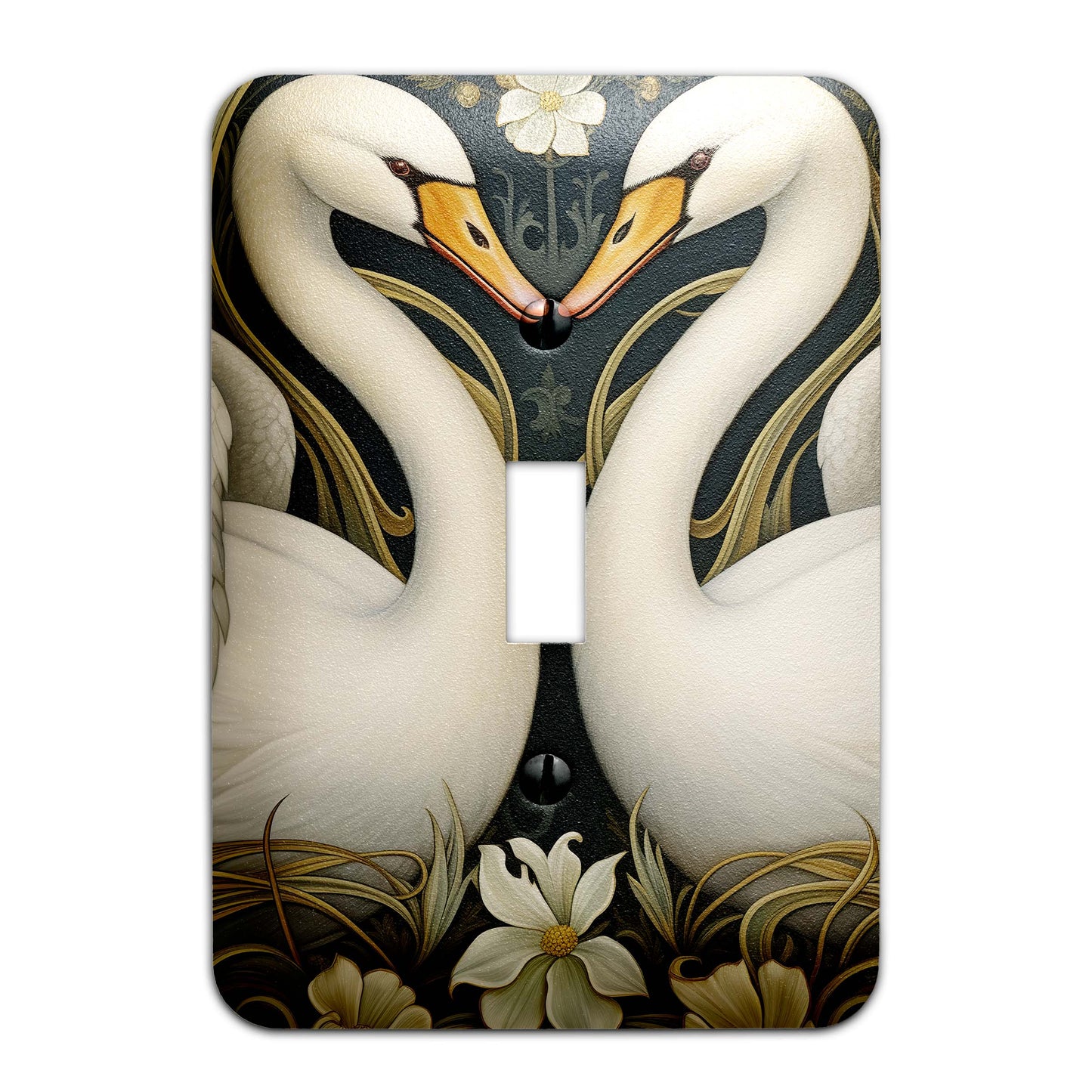 Art Nouveau Swans Light Switch Cover – Elegant metal switch plate with vintage-inspired design, available in multiple sizes