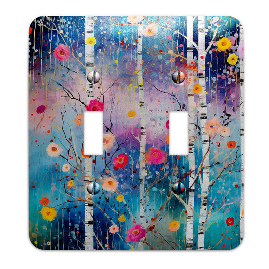 a light switch cover with a painting of trees and flowers