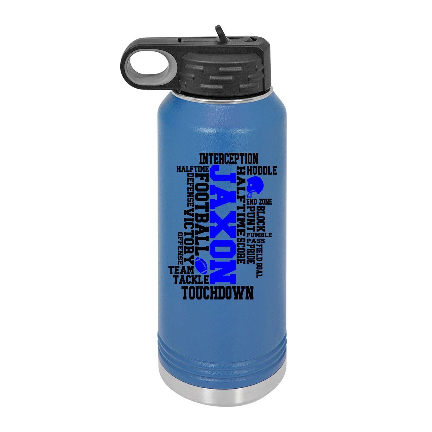 a blue water bottle with a black lid