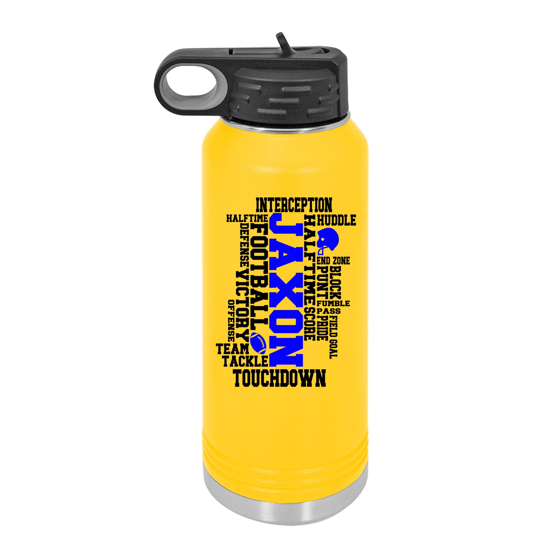 a yellow water bottle with a black lid