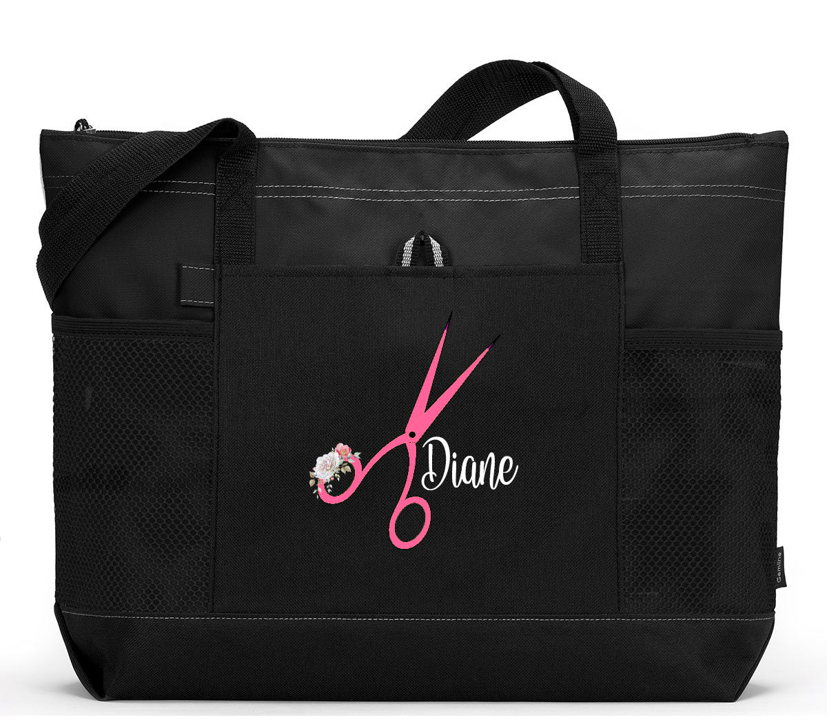 Personalized Hair Stylist Scissors with Floral Accent Tote Bag with Mesh Pockets