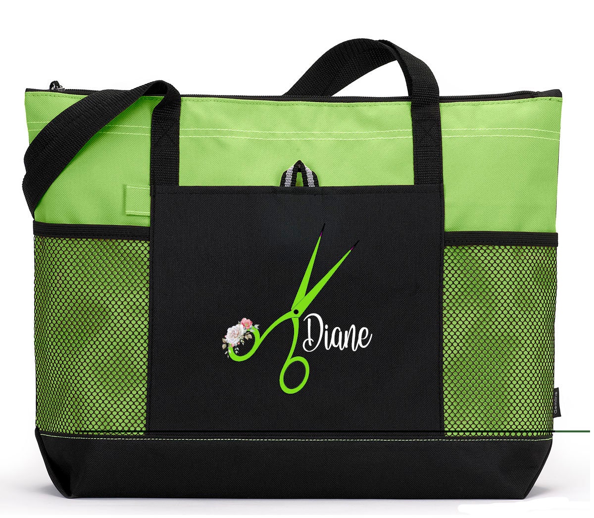 Personalized Hair Stylist Scissors with Floral Accent Tote Bag with Mesh Pockets