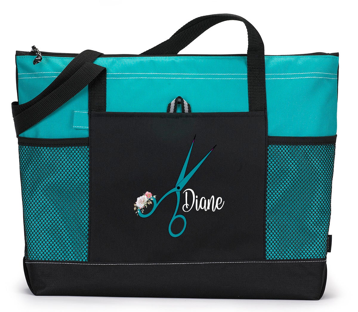 Personalized Hair Stylist Scissors with Floral Accent Tote Bag with Mesh Pockets