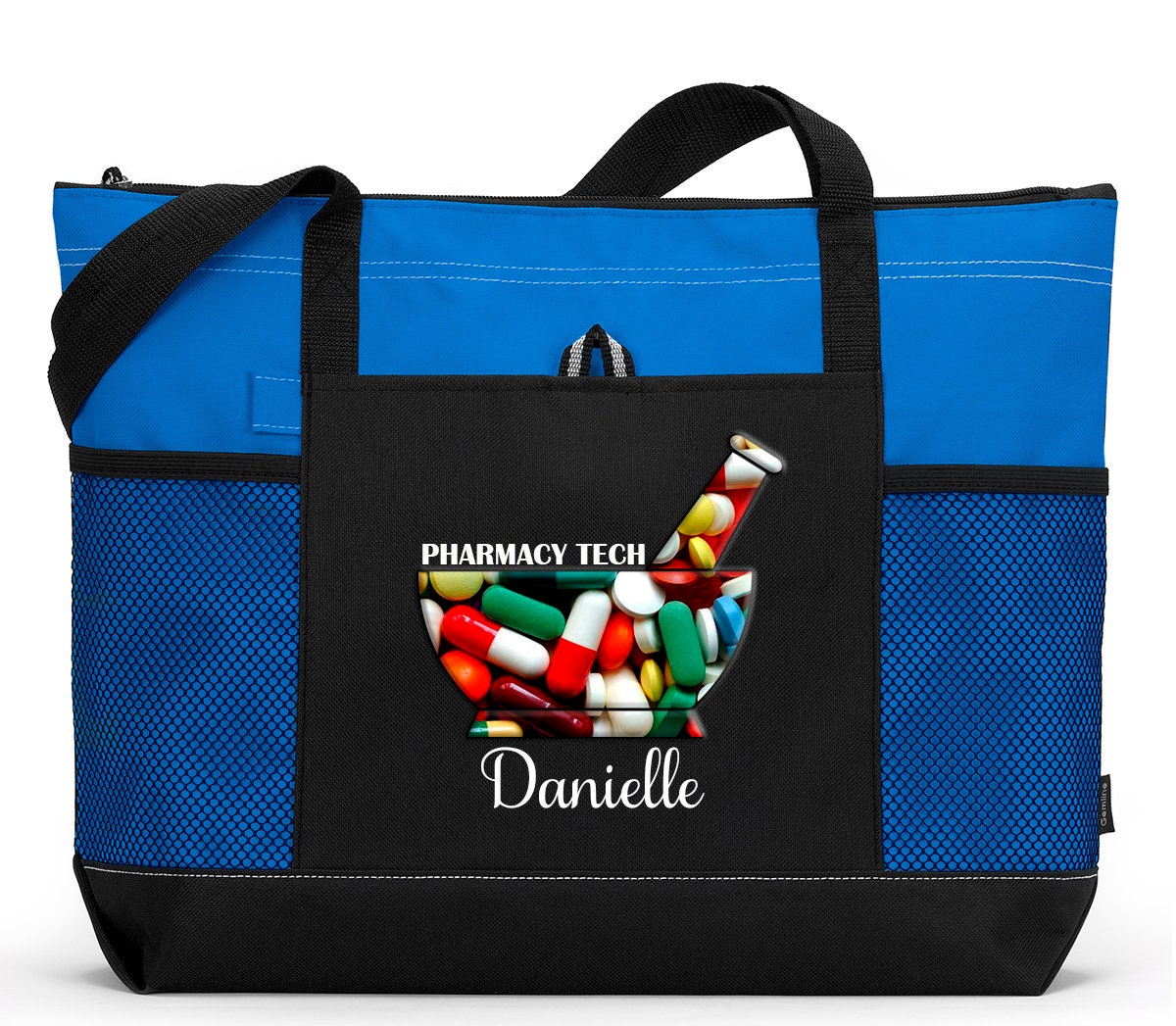 Personalized Pharmacy Tech / Pharmacist Tote Bag with Mesh Pockets