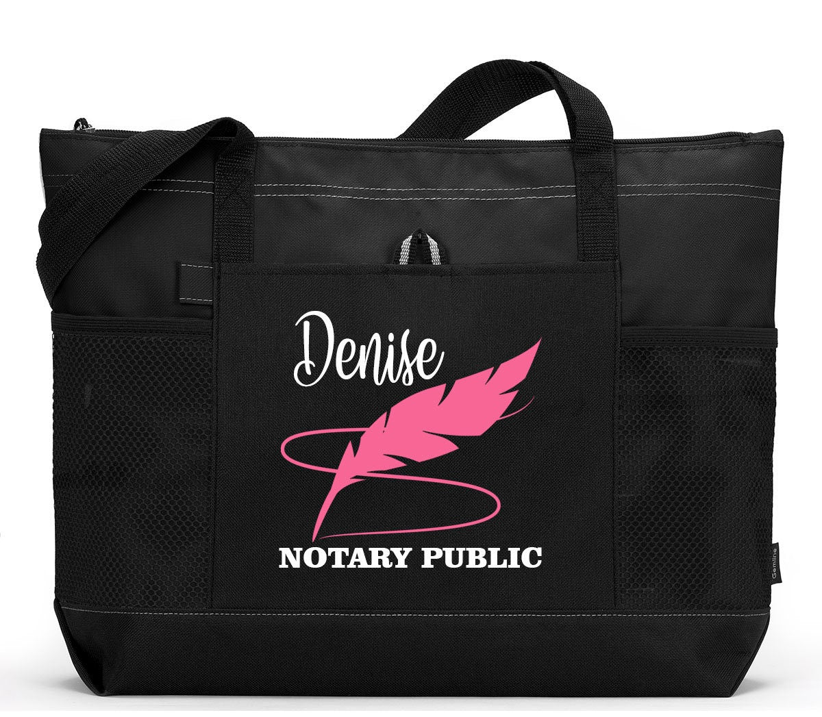 Personalized Notary Feather Tote Bag with Mesh Pockets, Gift for Notary Public