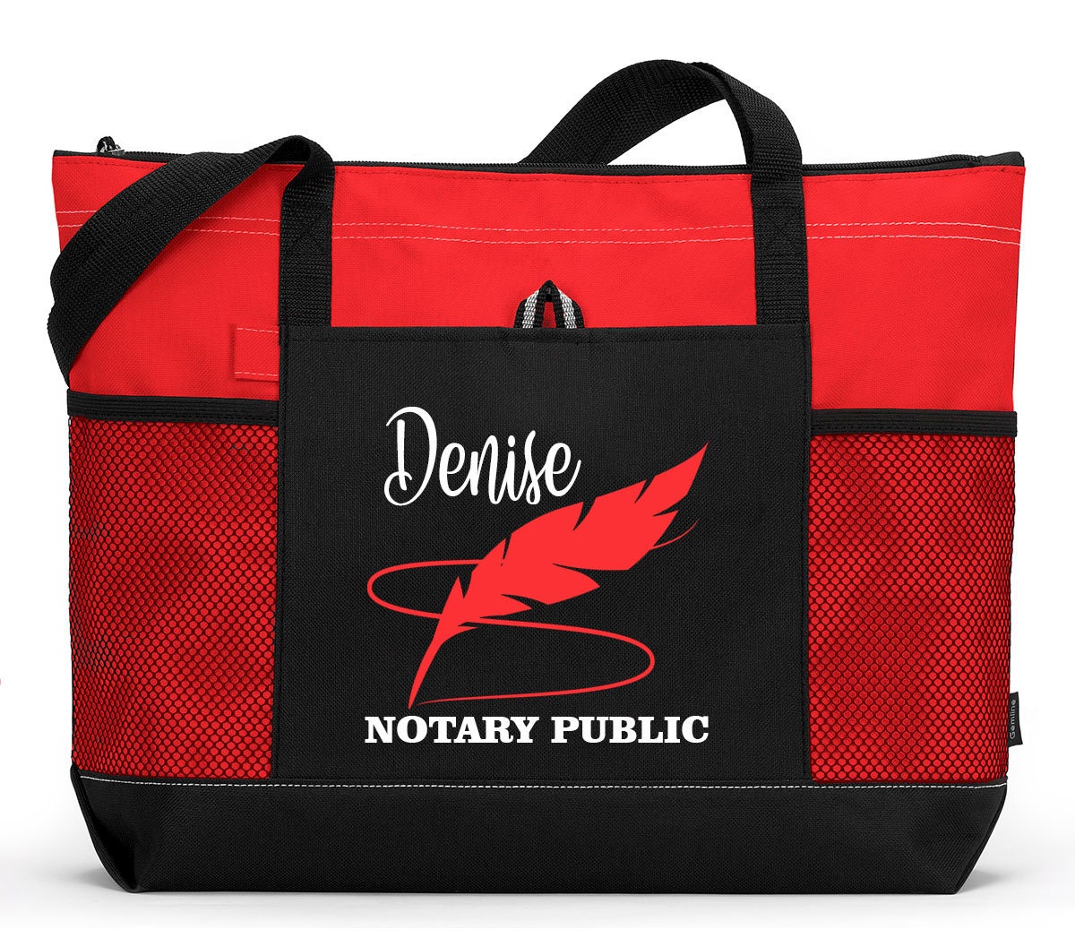 Personalized Notary Feather Tote Bag with Mesh Pockets, Gift for Notary Public