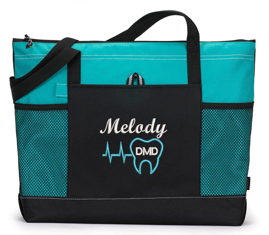 Personalized Heartbeat Tooth Dental Embroidered Zippered Tote Bag With Mesh Pockets