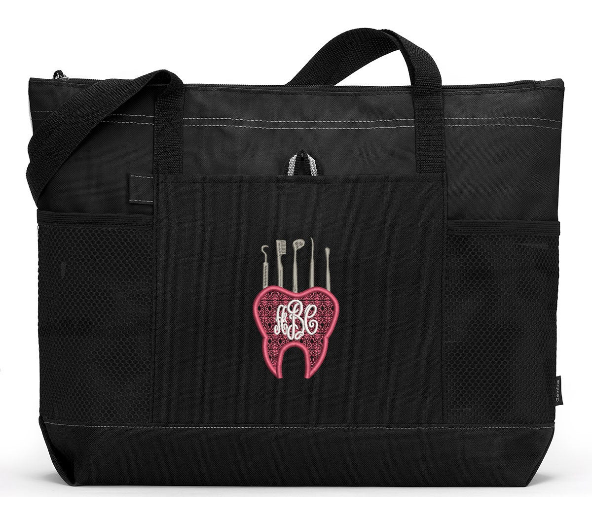 Dental Tooth with Tools Monogram Pocket Personalized Tote Bag with Mesh Pockets, Dental Hygienist, Dental Assistant