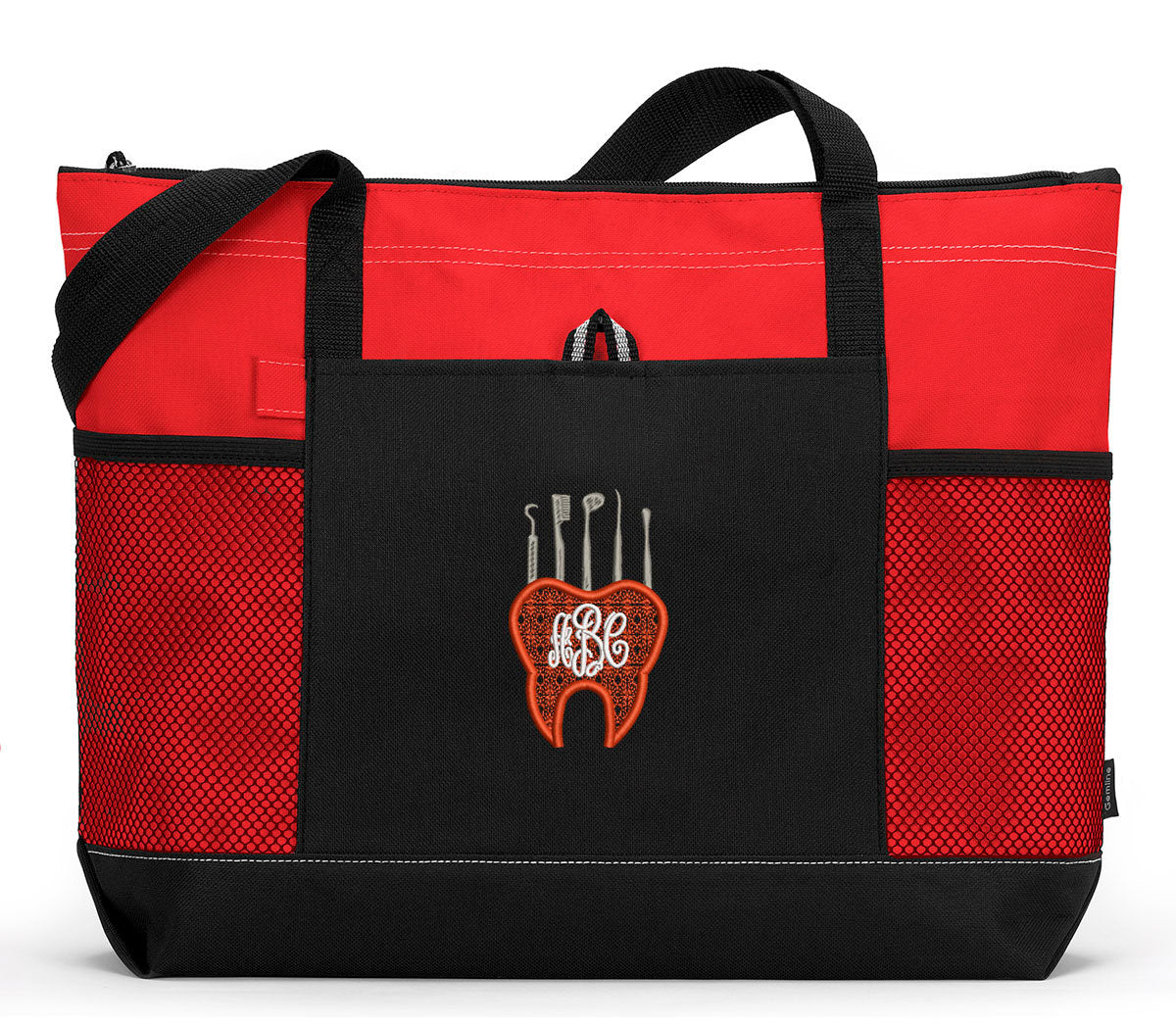 Dental Tooth with Tools Monogram Pocket Personalized Tote Bag with Mesh Pockets, Dental Hygienist, Dental Assistant