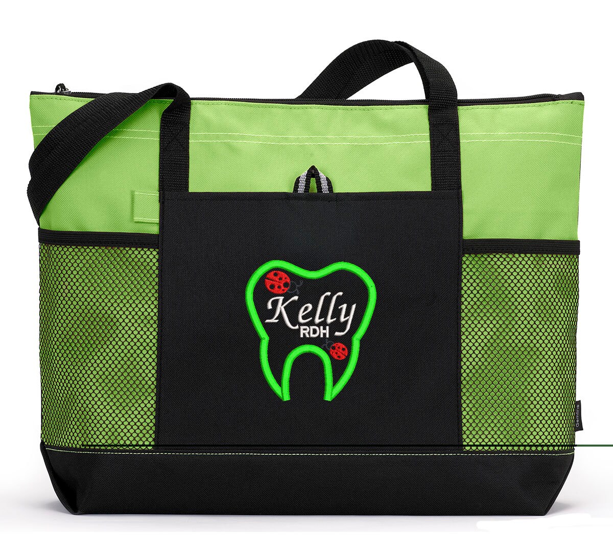 Dental Tools Ladybugs Personalized Tote Bag with Mesh Pockets