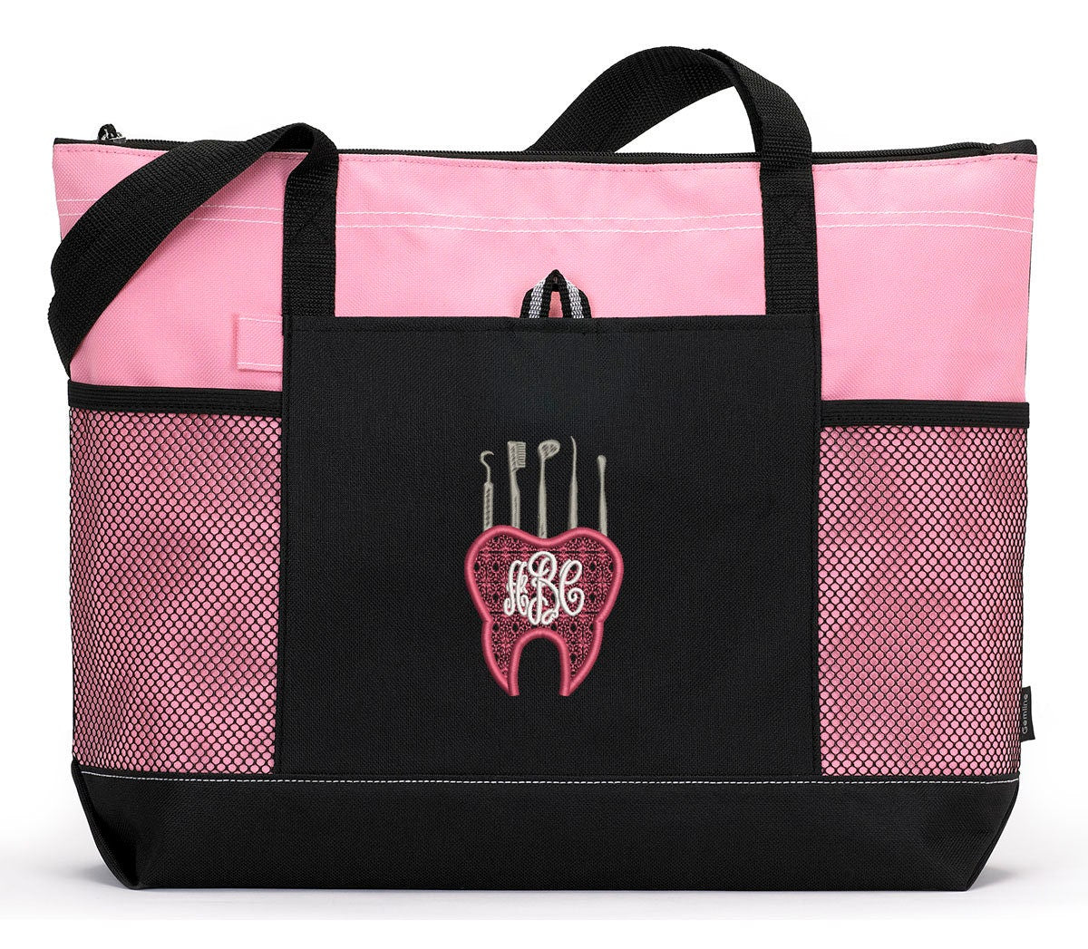 Dental Tooth with Tools Monogram Pocket Personalized Tote Bag with Mesh Pockets, Dental Hygienist, Dental Assistant