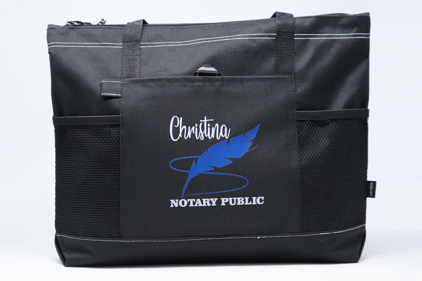 Personalized Notary Feather Tote Bag with Mesh Pockets, Gift for Notary Public