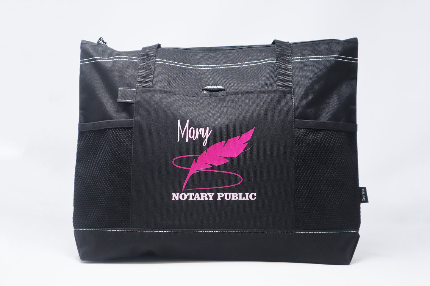 Personalized Notary Feather Tote Bag with Mesh Pockets, Gift for Notary Public