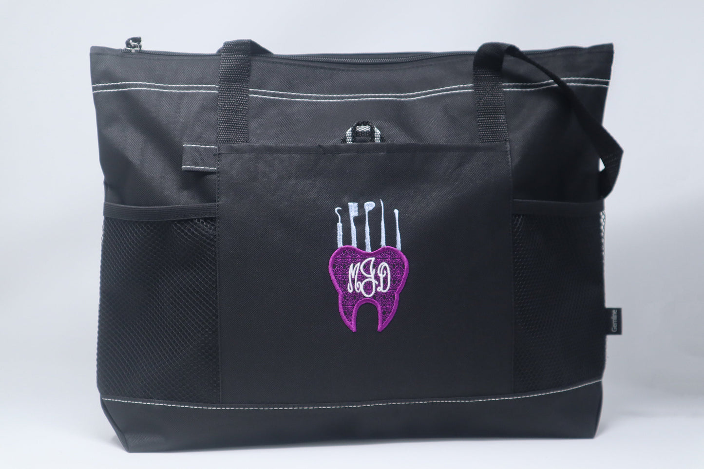 Dental Tooth with Tools Monogram Pocket Personalized Tote Bag with Mesh Pockets, Dental Hygienist, Dental Assistant