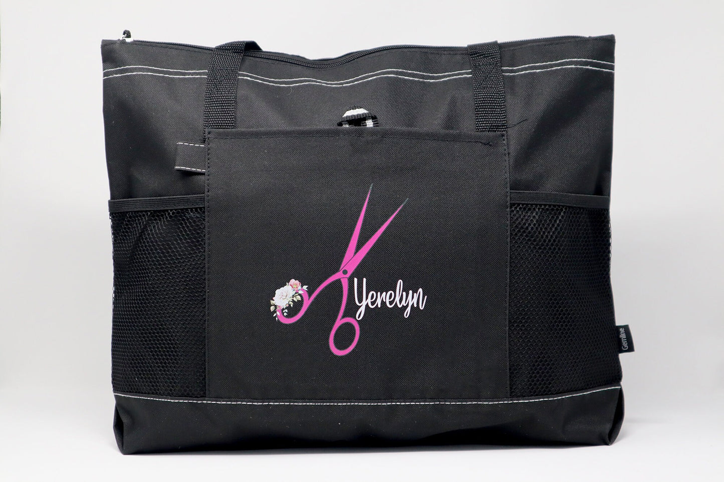 Personalized Hair Stylist Scissors with Floral Accent Tote Bag with Mesh Pockets