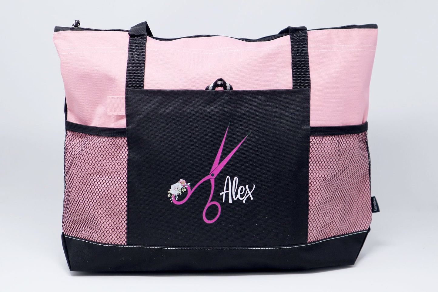 Personalized Hair Stylist Scissors with Floral Accent Tote Bag with Mesh Pockets